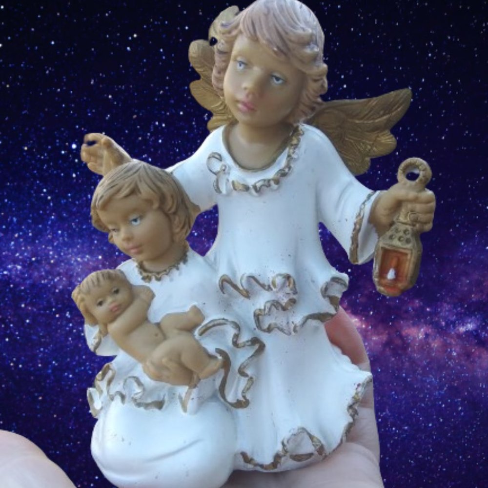 Vintage Guardian angel with lantern and two children figurine Marked Italy 5055
